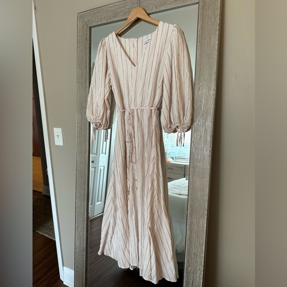 Calvin Klein Dresses & Skirts - Calvin Klein Blush Pink And Black Striped Puff Sleeve Midi Dress Size Medium